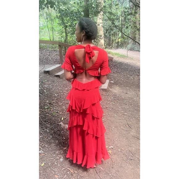 FAME & PARTNERS Red Chiffon Ruffle A-Line Mid-Cut Out Marse Gown Dress Size 2 - Picture 5 of 16